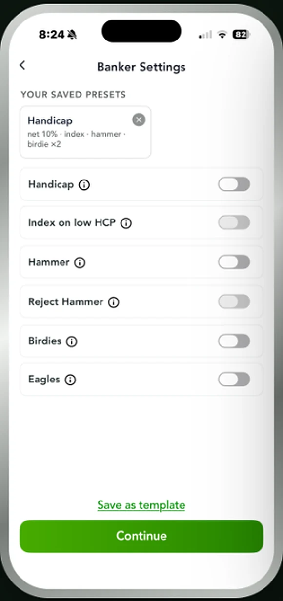 Banker Settings screen with handicap, hammer, birdie and eagle toggles