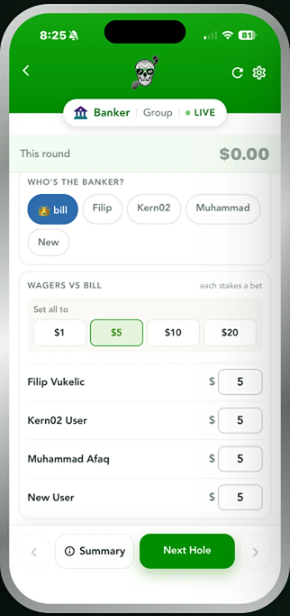 Screen selecting the banker for the hole and the amount for each opponent