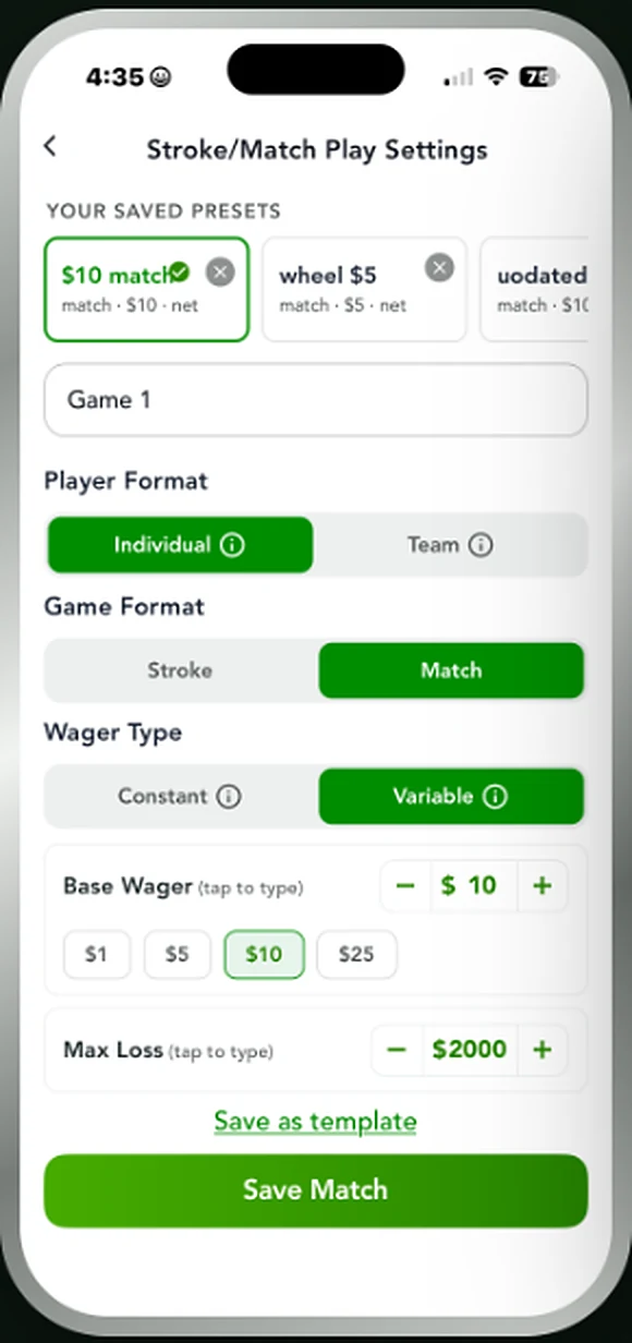 Stroke and Match Play settings with player format, game format and variable amount options