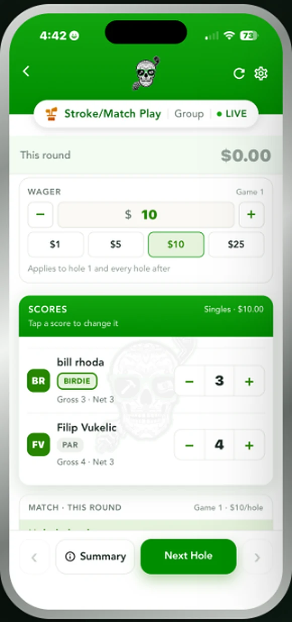 Match play live scoring with gross and net scores and current match status