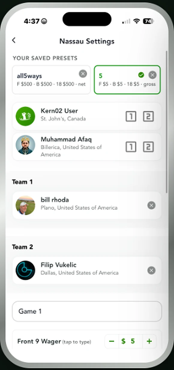 Nassau Settings screen with saved presets, teams and front nine amount