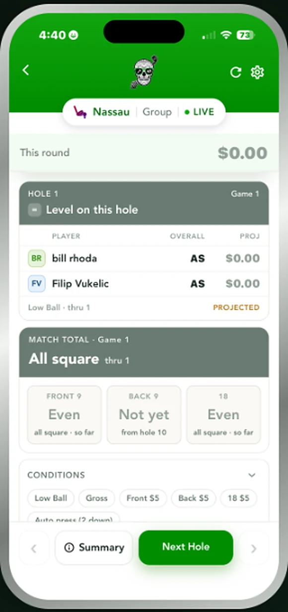 Live Nassau match showing front nine, back nine and eighteen hole status