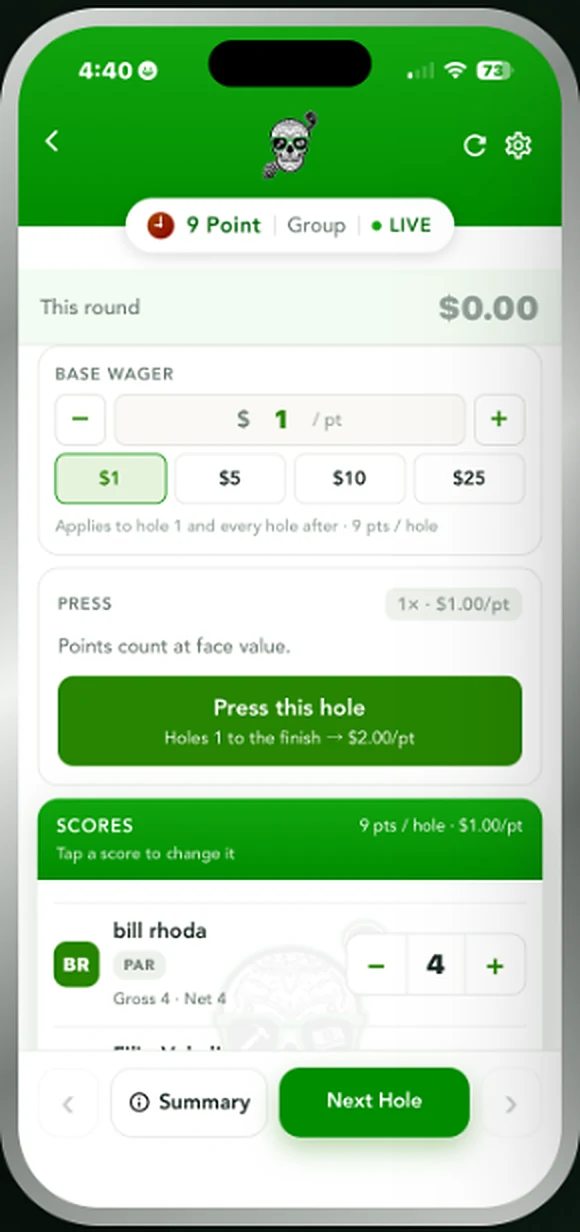 9 Point live scoring with press option for the remaining holes