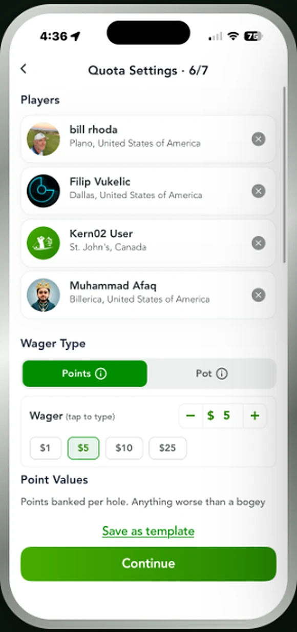 Quota Settings screen with player list and points or pot selection