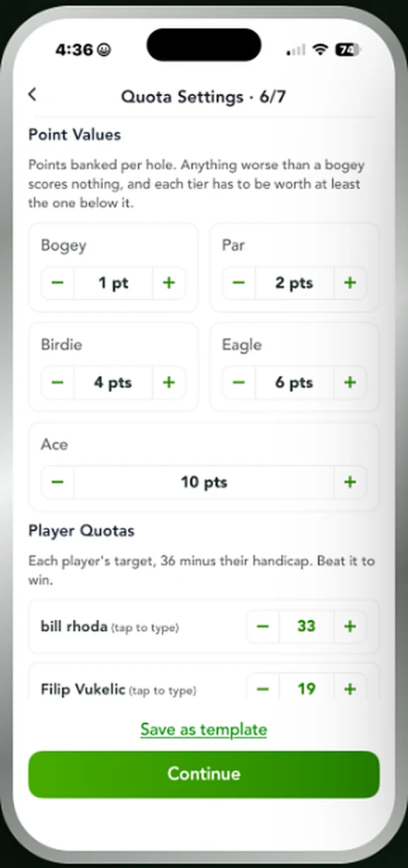 Point values screen setting points for bogey, par, birdie, eagle and ace