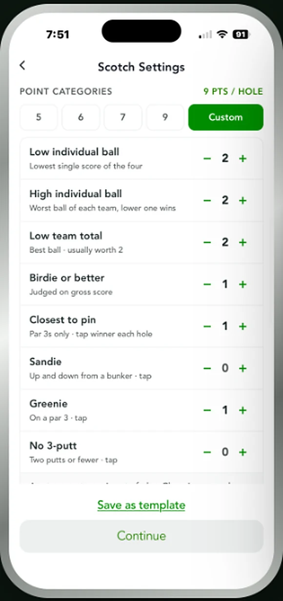 Scotch Settings screen with point categories and custom values per category