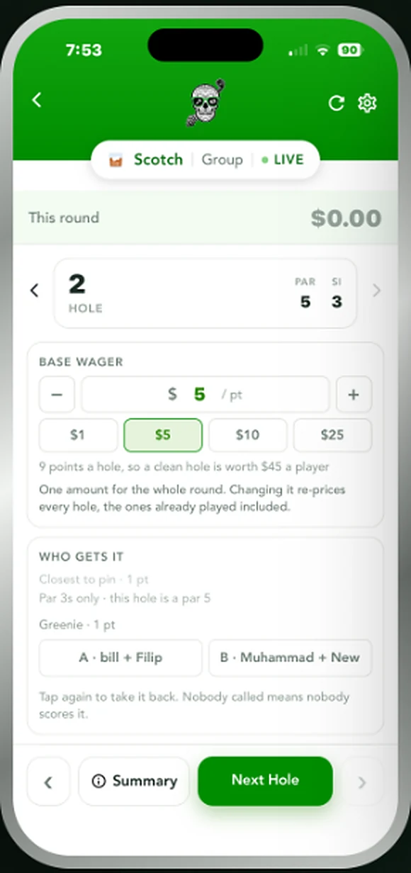 Scotch live scoring showing who gets closest to pin and greenie points