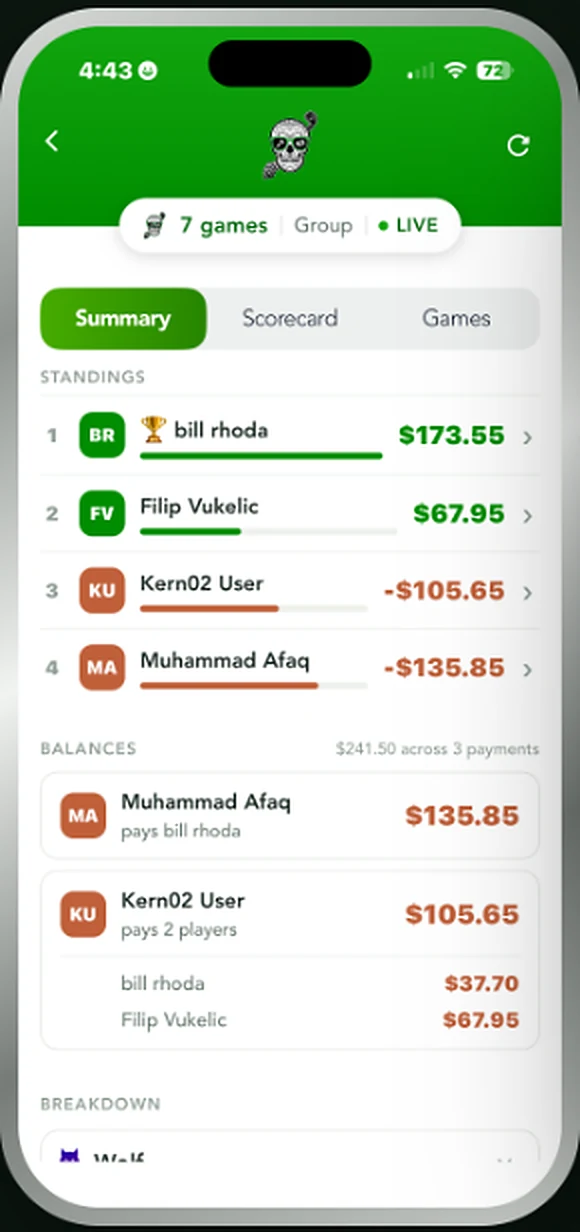 Standings screen showing net totals per golfer and who pays whom