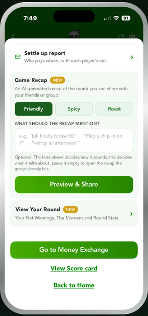 Round recap screen with friendly, spicy and roast tone options