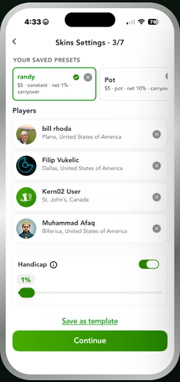 Skins Settings screen with saved presets, player list and handicap slider