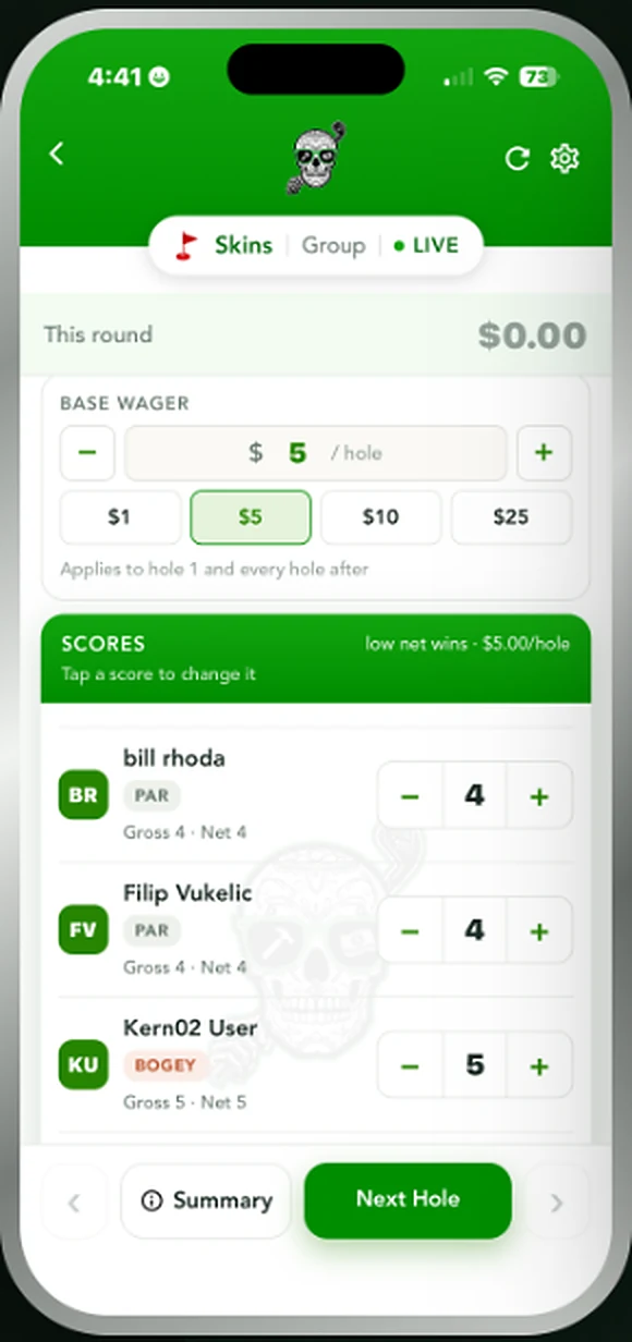 Skins live scoring showing gross and net scores per golfer for the hole