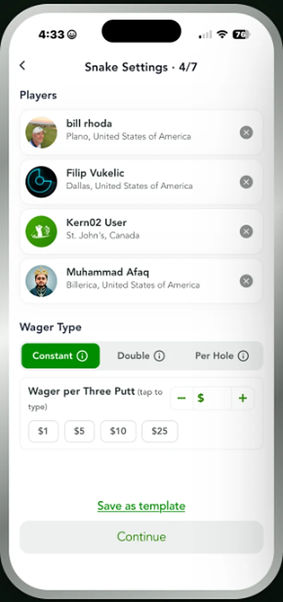 Snake Settings screen with players and amount per three putt