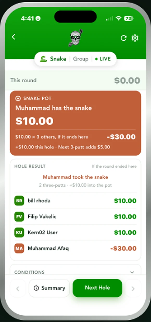 Snake screen showing who currently holds the snake and what it is worth