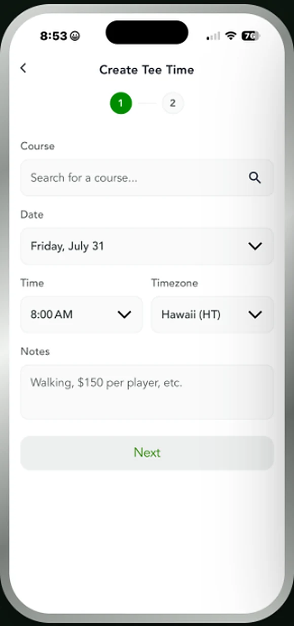 Create Tee Time screen with course search, date, time and timezone fields