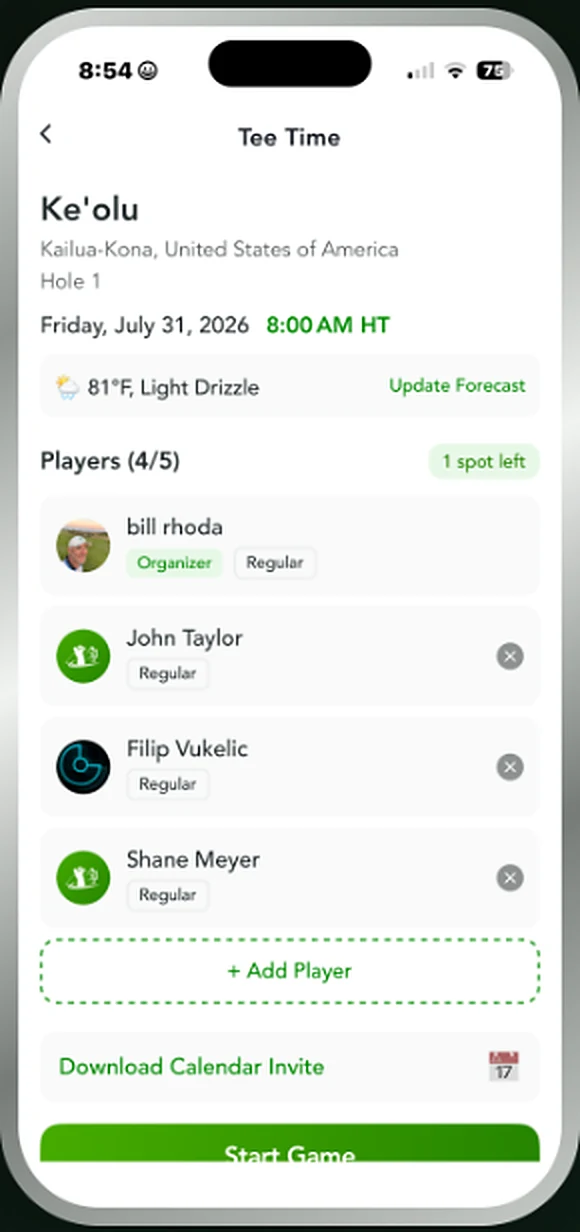 Tee Time card showing course, date, weather forecast, player list and Start Game button