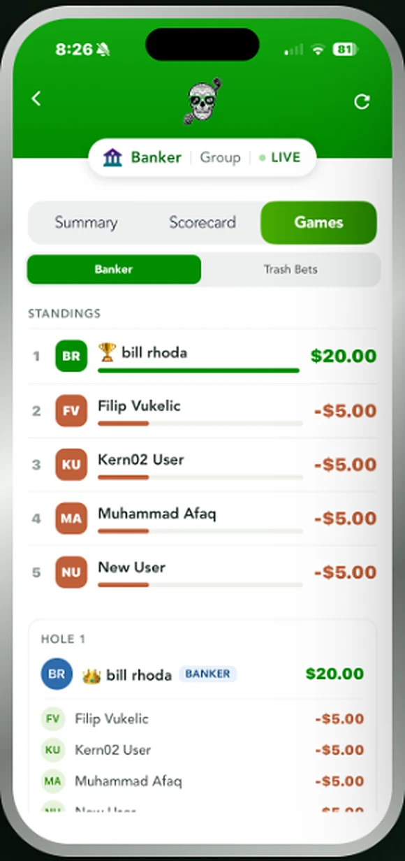 Trash standings tracked alongside a Banker game with per-hole detail
