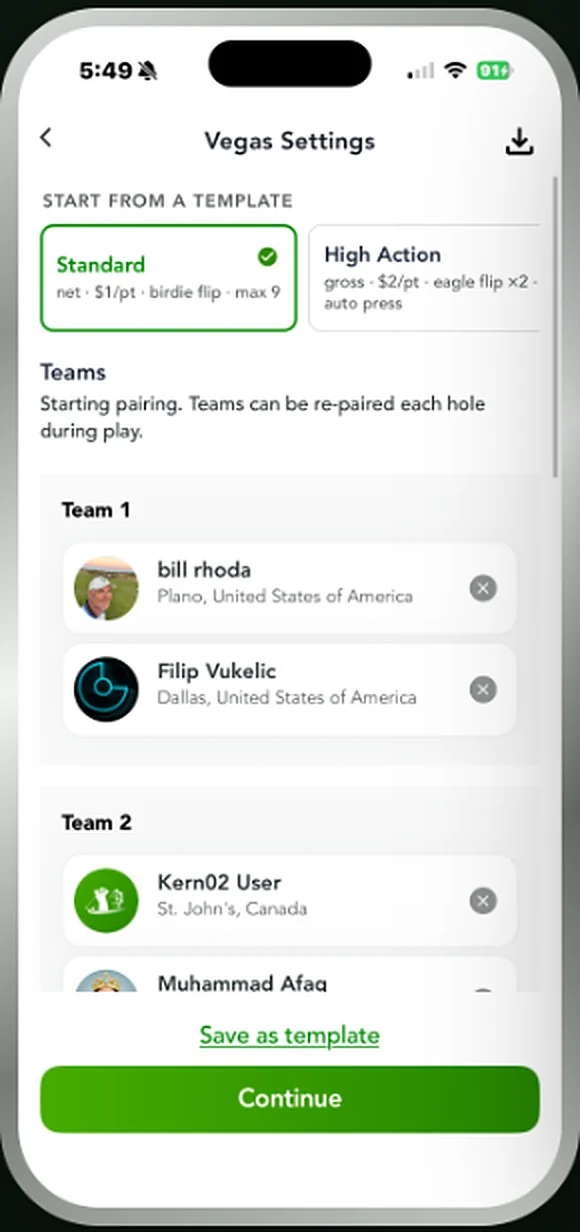 Vegas Settings screen with templates and two team rosters