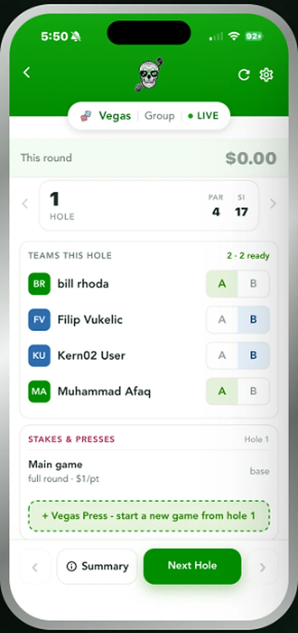 Teams this hole screen assigning each golfer to team A or B with press options