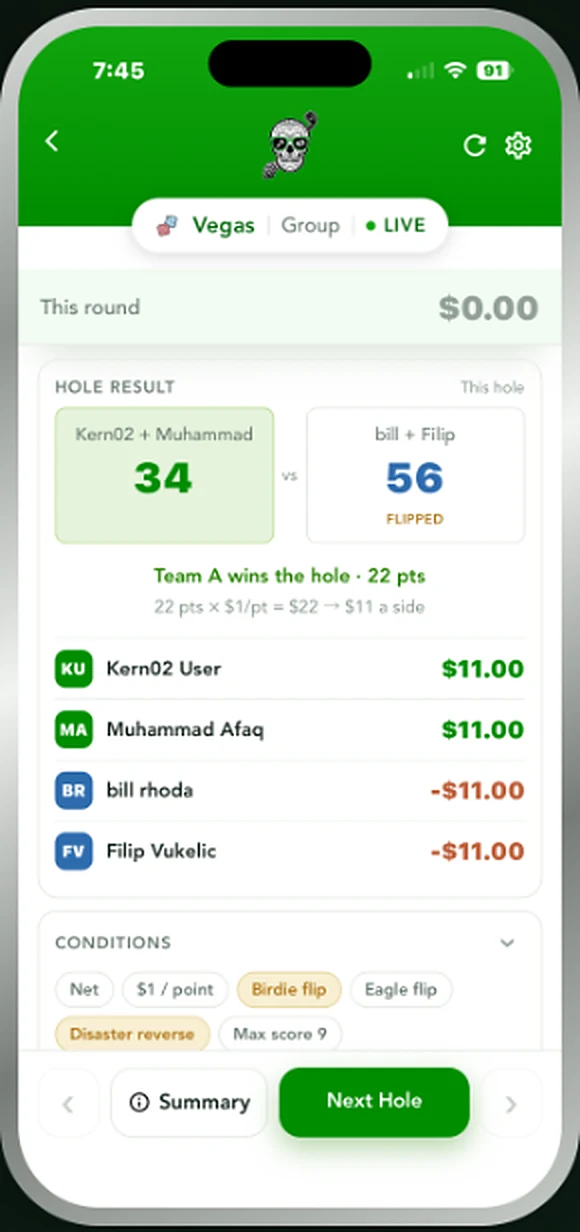 Vegas hole result showing 34 against a flipped 56 and the points won