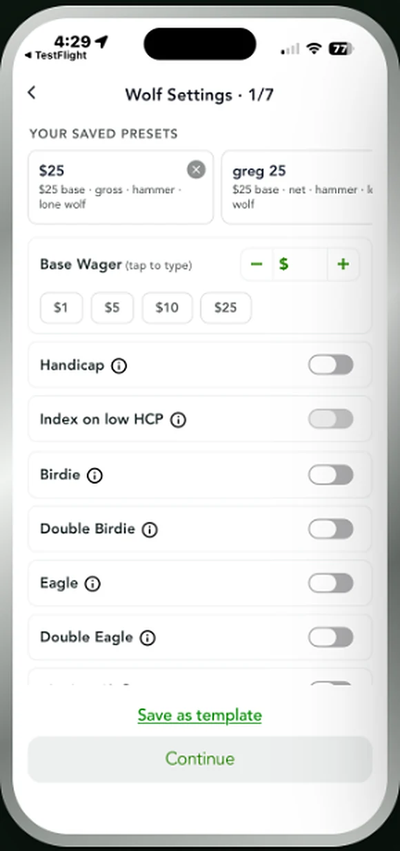 Wolf Settings screen with saved presets, base amount and multiplier toggles