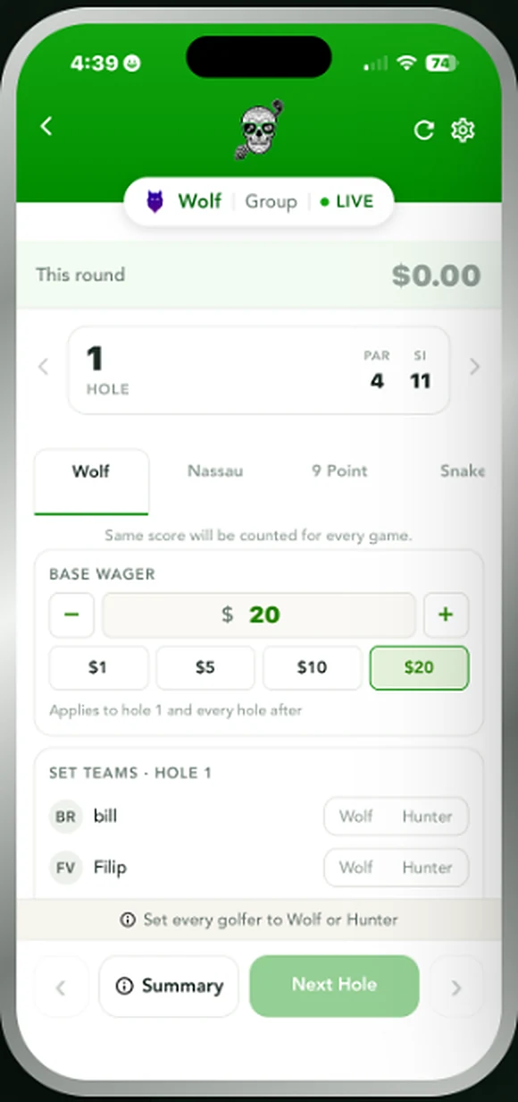 Set Teams screen assigning each golfer to Wolf or Hunter for the hole