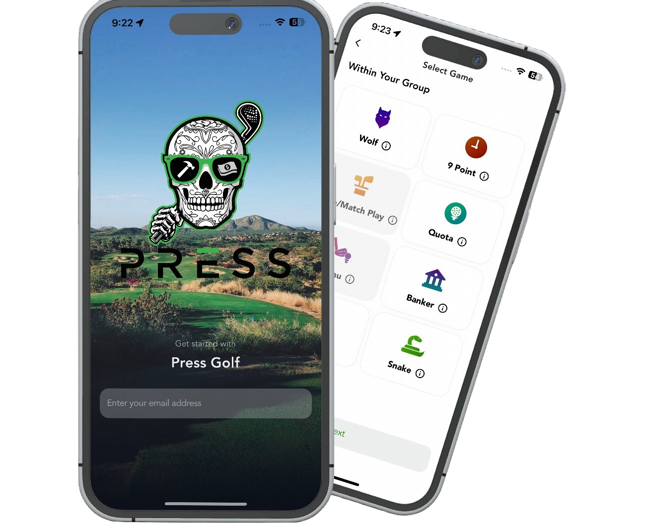 Press Golf app shown on two iPhones