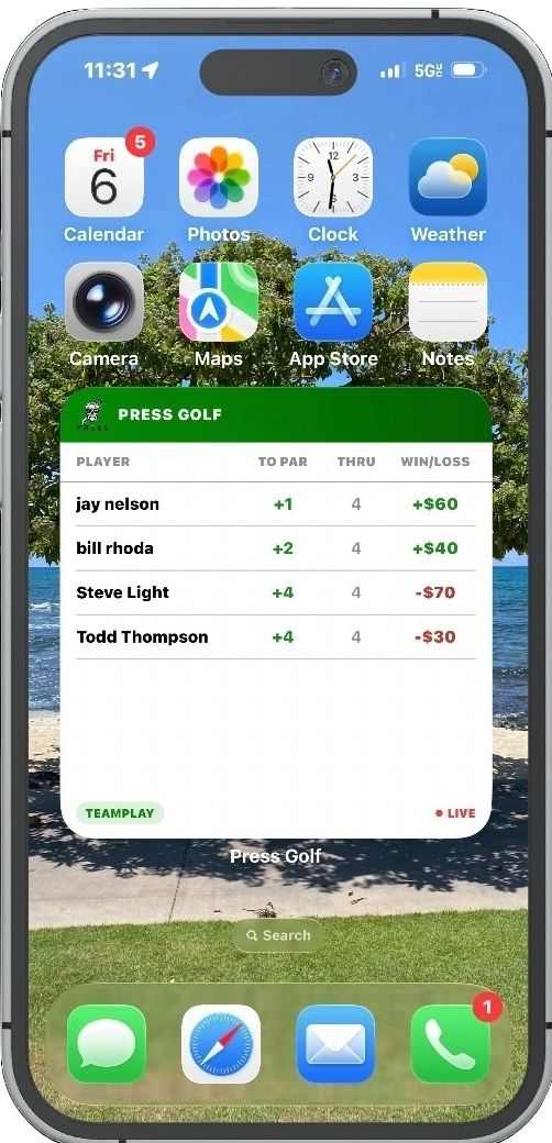 Press Golf Live Widget on iPhone home screen showing live player scores and wagers
